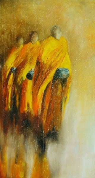 Monks walking in the rain by Ta Thimkaeo