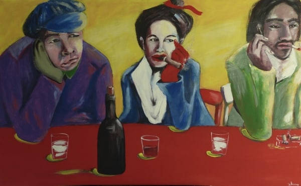 Lady smoking a cigar with friends by Ta Thimkaeo