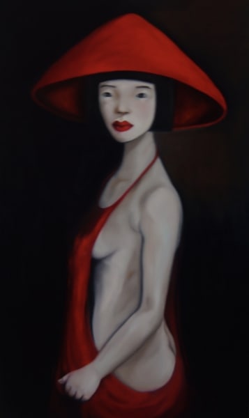 Oriental lady wearing a red hat and dress by Ta Thimkaeo