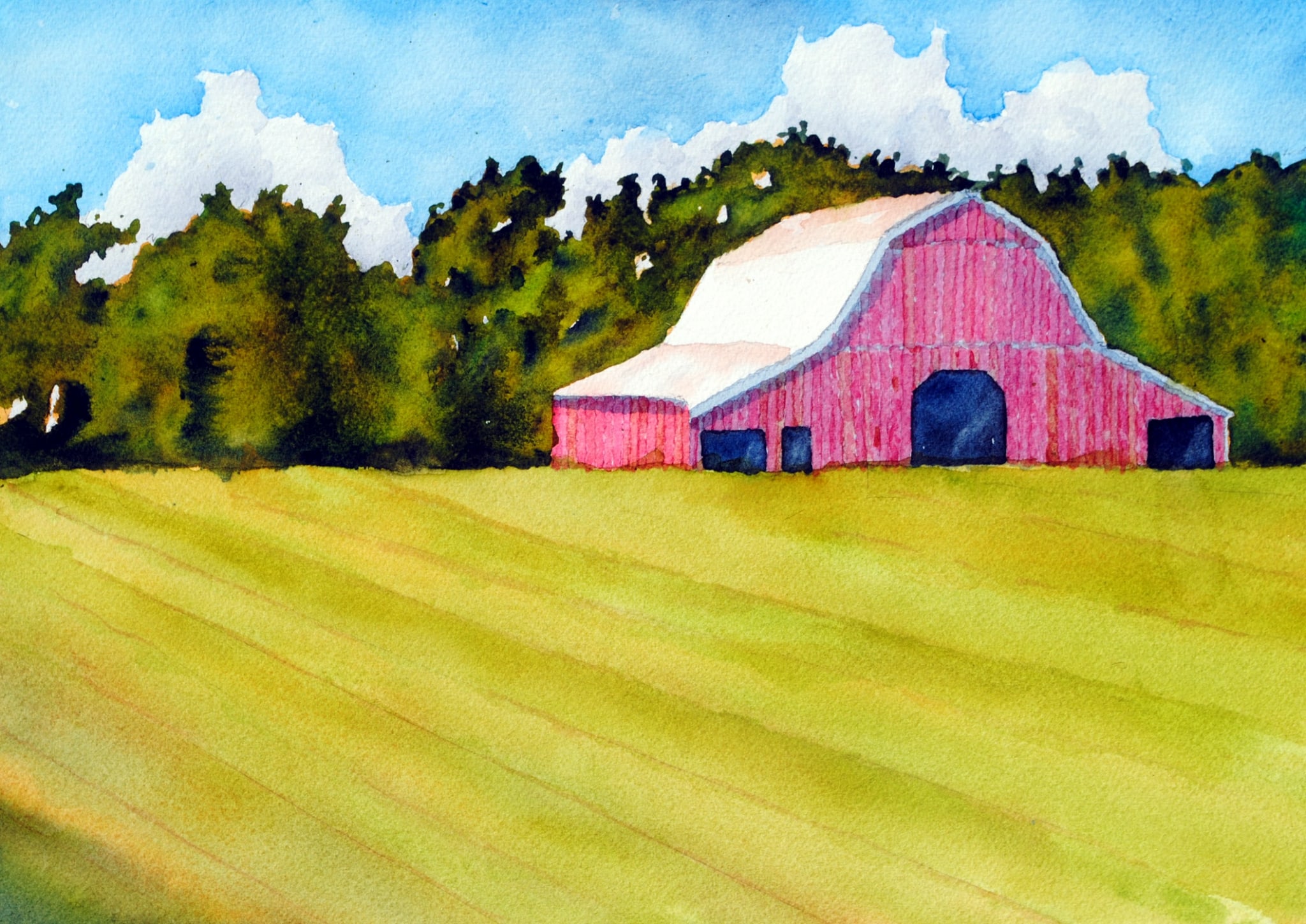 mowed field/red barn by sherman barnes