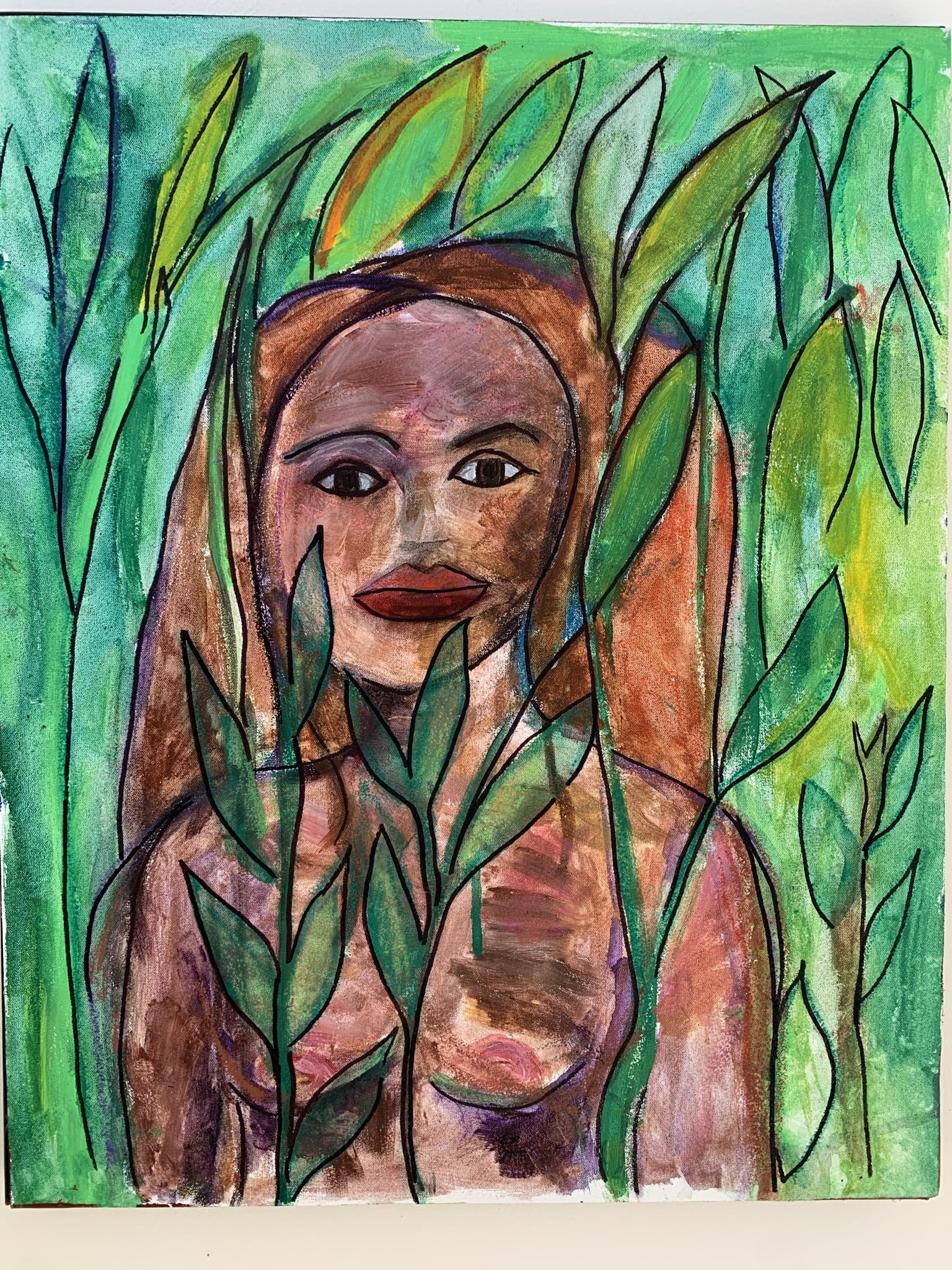 Woman hiding in forest of leaves by Anna Jewel Gove