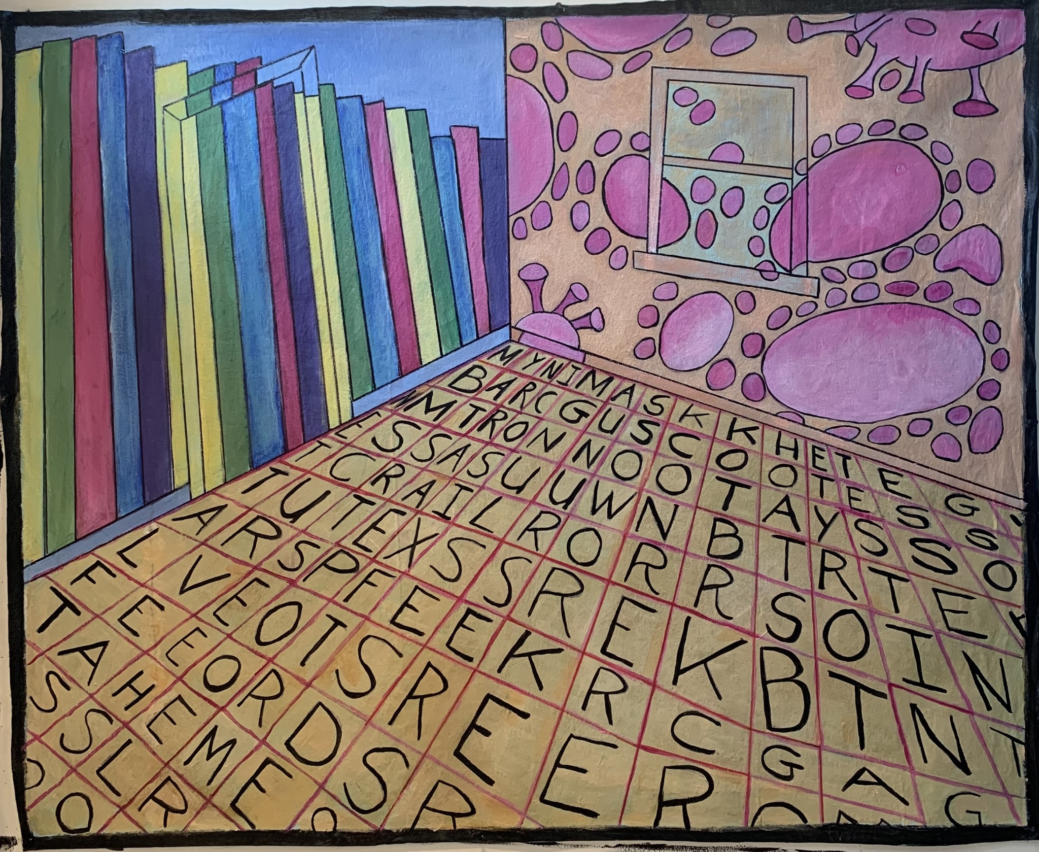 Covid graph and amoeba and word search memory series by Anna Jewel Gove