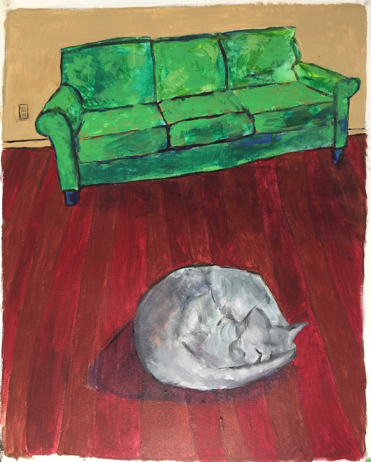 Green sofa and sleeping cat by Anna Jewel Gove