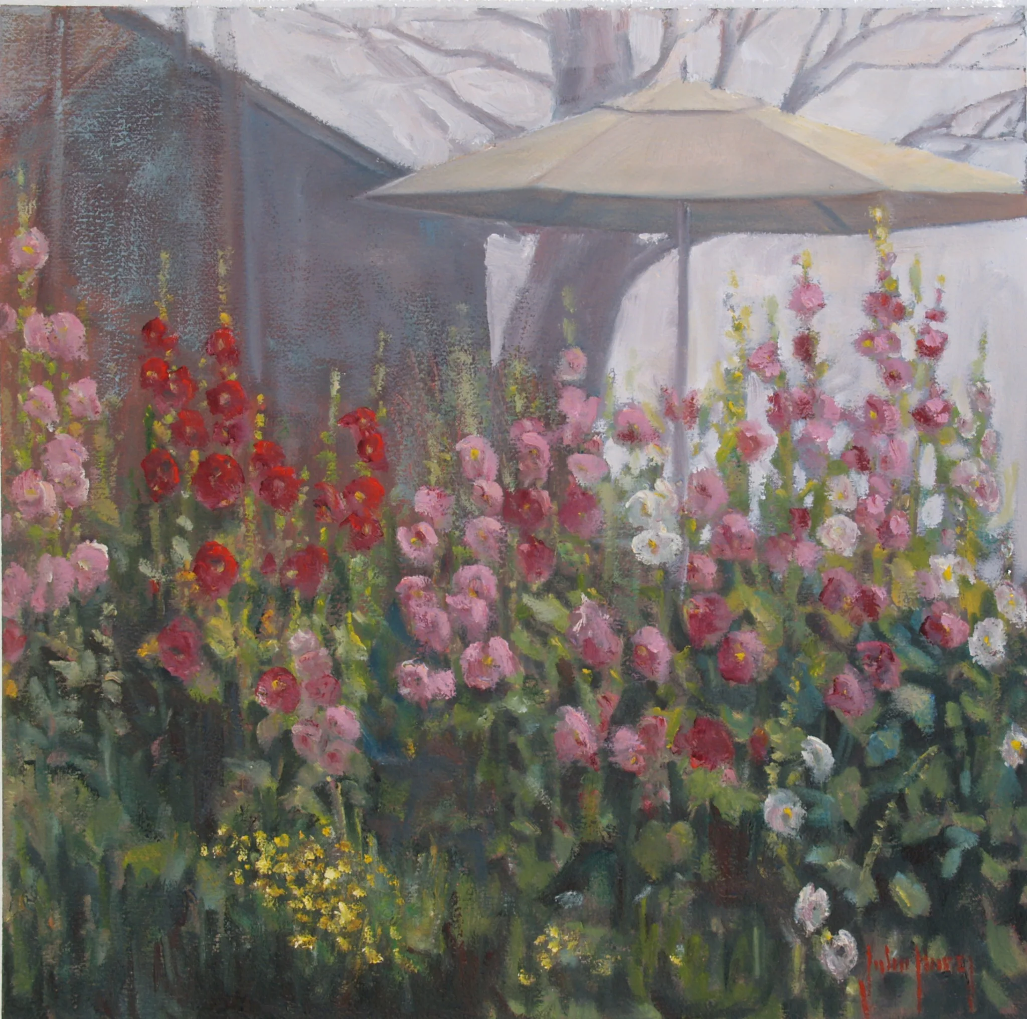 Umbrella and Hollyhocks
