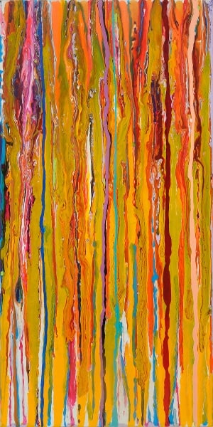 Untitled pour, diarylide yellow and magenta by Mary Ellen Mogee